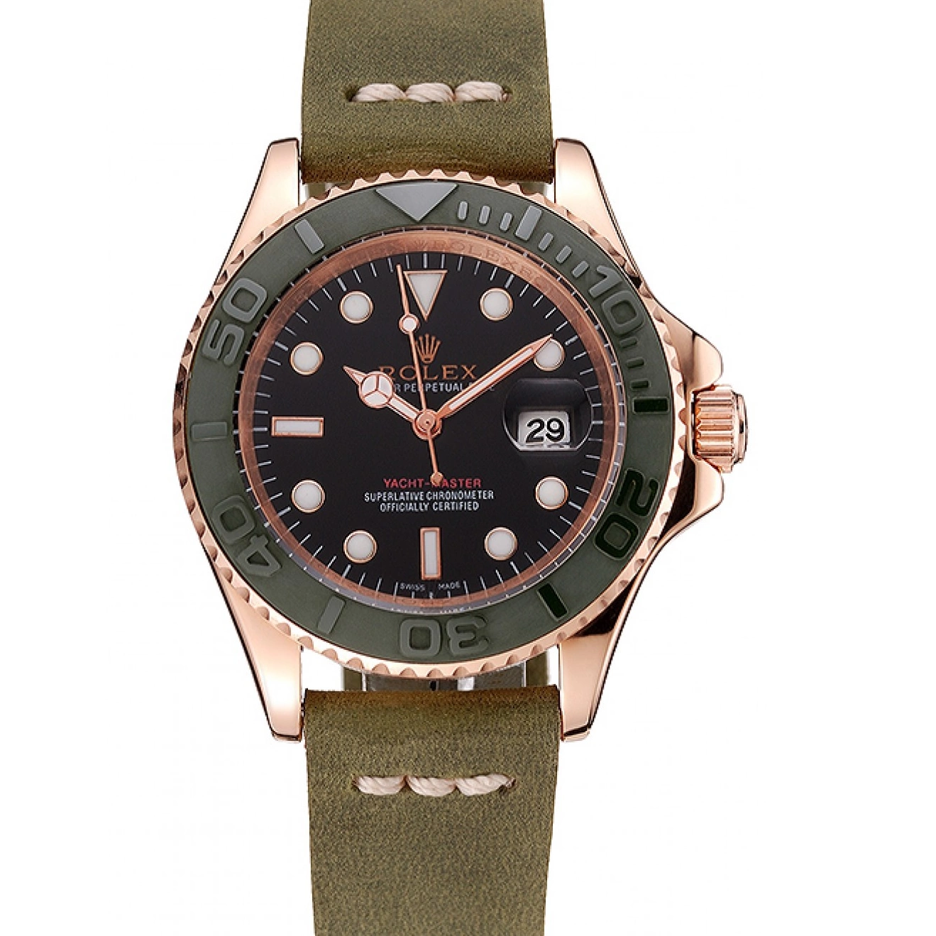 Aaa fake watches Bezel Rose Yacht Case Master Dial Leather Gold Rolex 1453862 Black Bracelet Green Green 0616